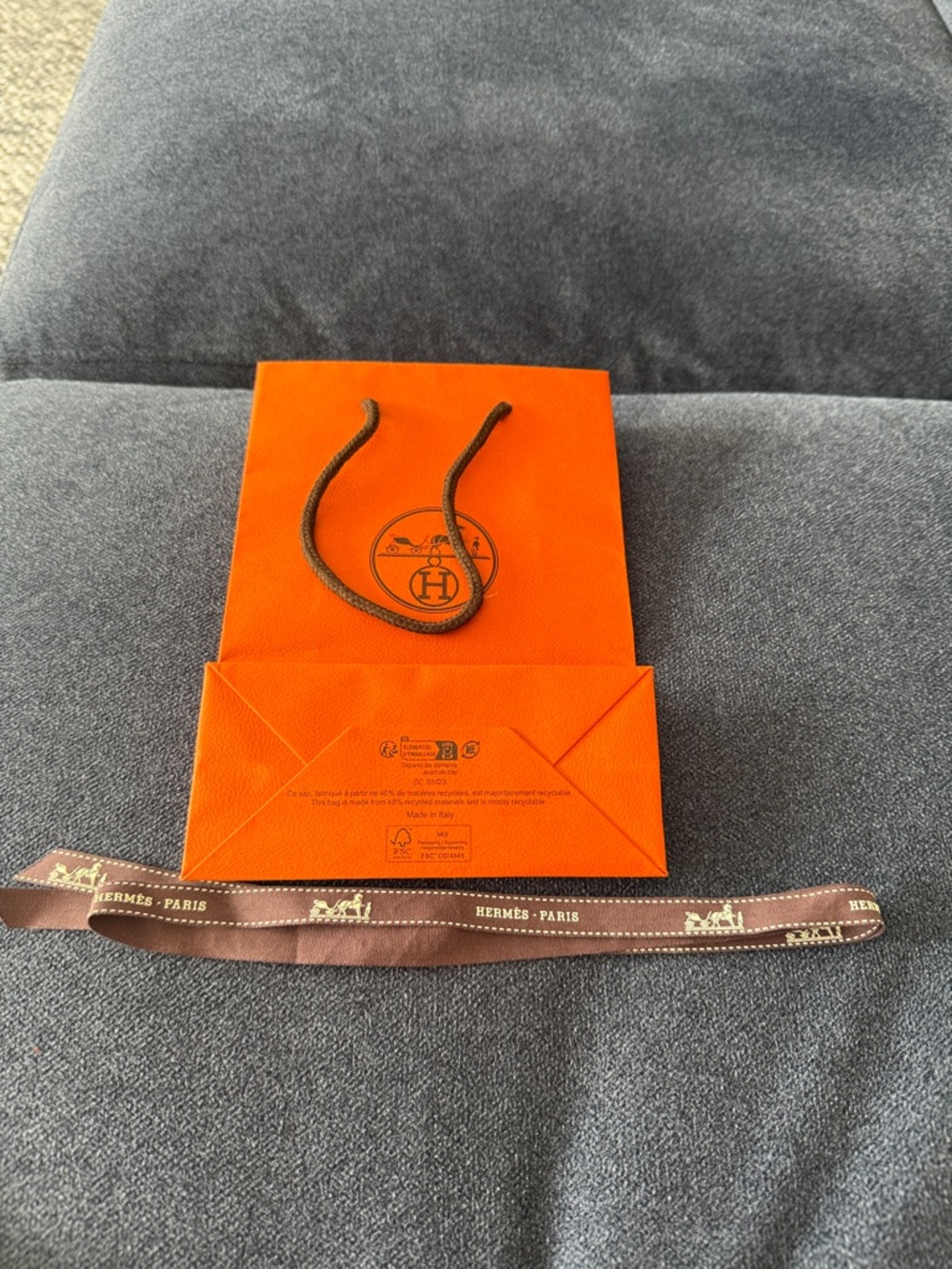 Hermes Orange Gift Bag with Brown Rope Handle and Branded Ribbon